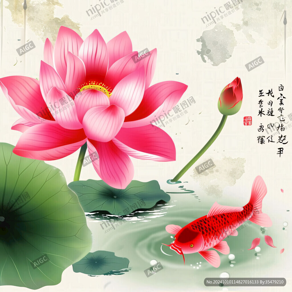 蓮花和魚手繪插畫