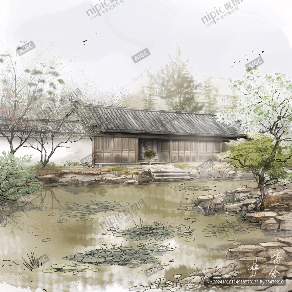 江南庭院插畫