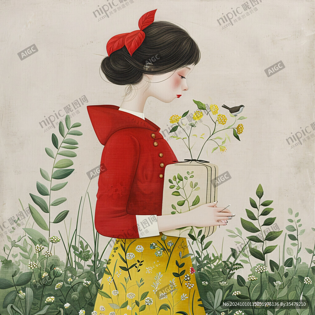 采花的女孩插畫
