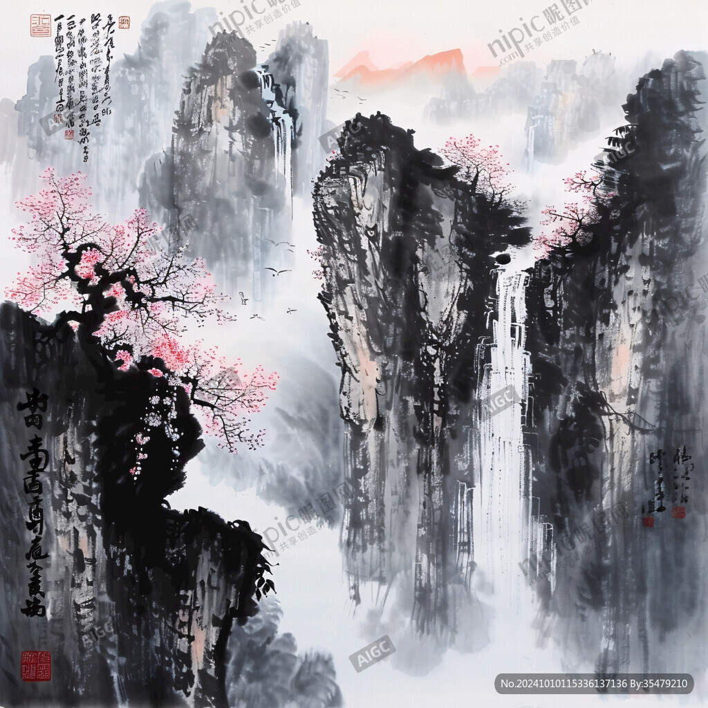 旭日東升樓閣山水畫