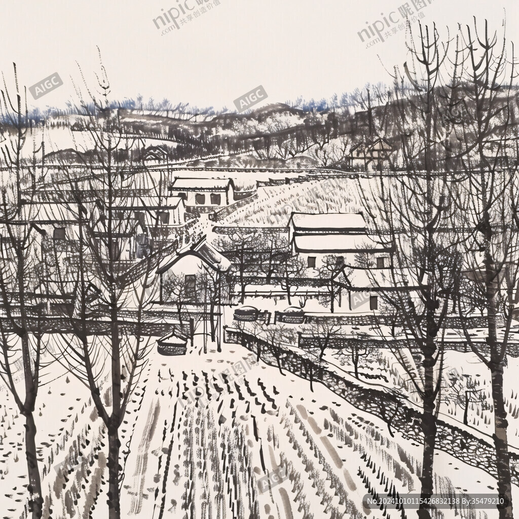 手繪山村雪景圖