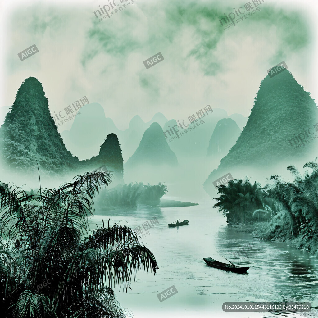 手繪風(fēng)景畫(huà)煙霧山水畫(huà)