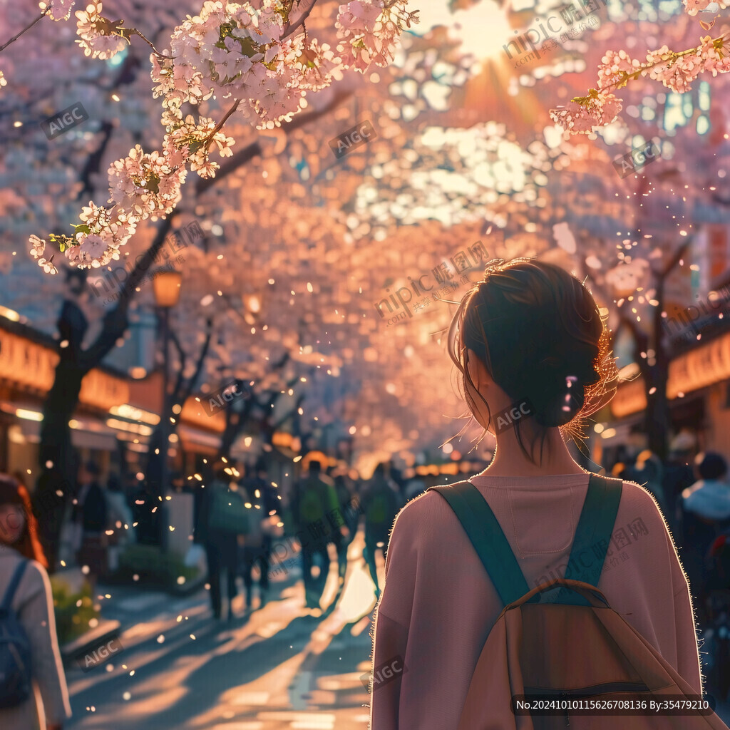 櫻花少女背影