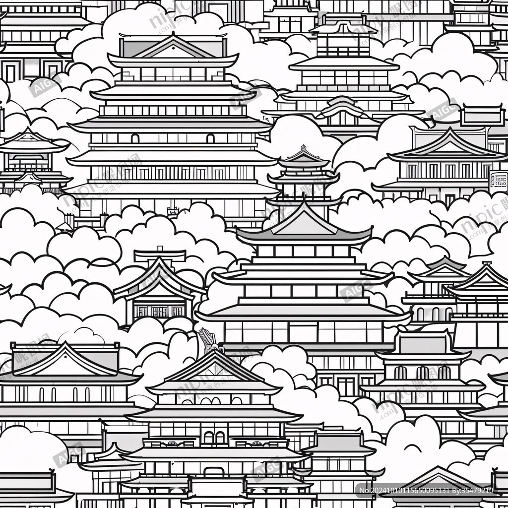 橫店旅游線描建筑插畫