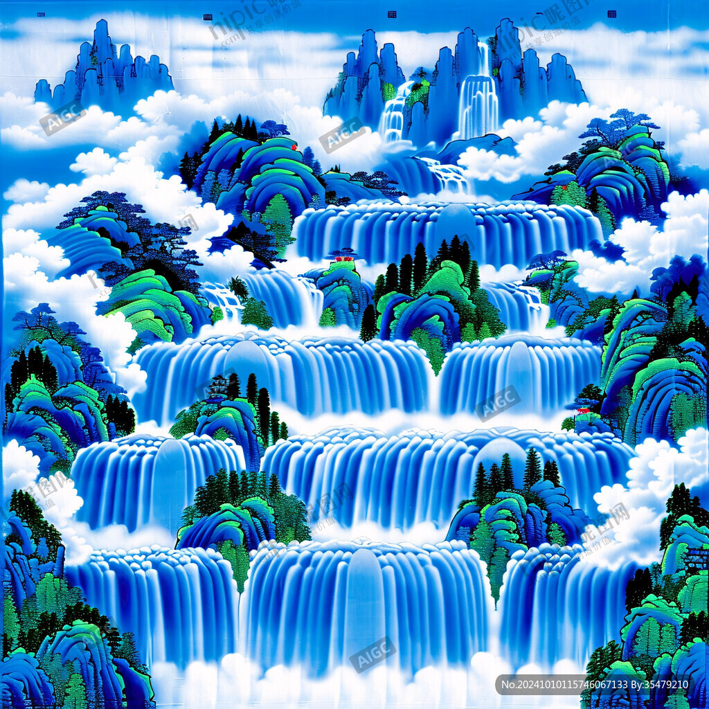 流水生財瀑布屏風