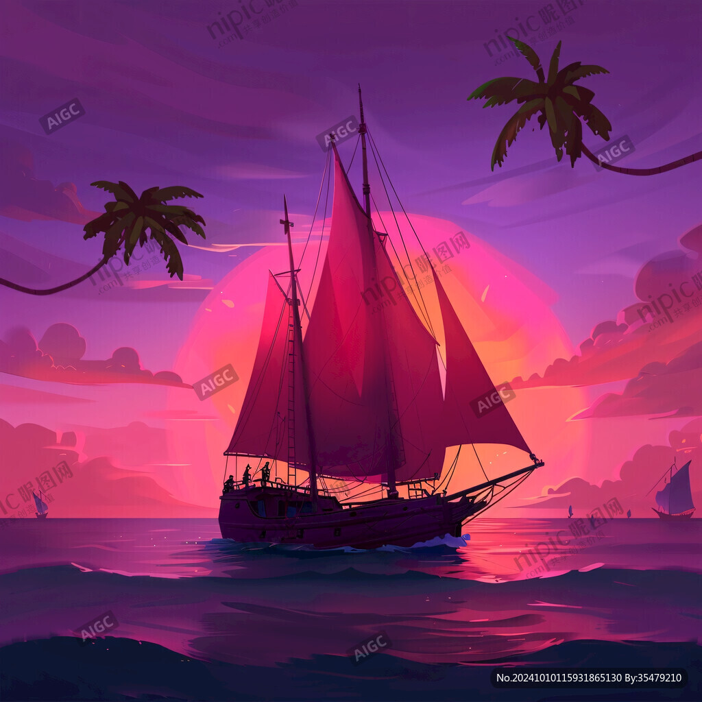 海上落日插畫