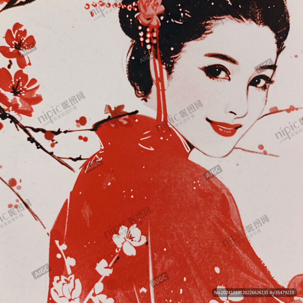 手繪美女紅梅圖