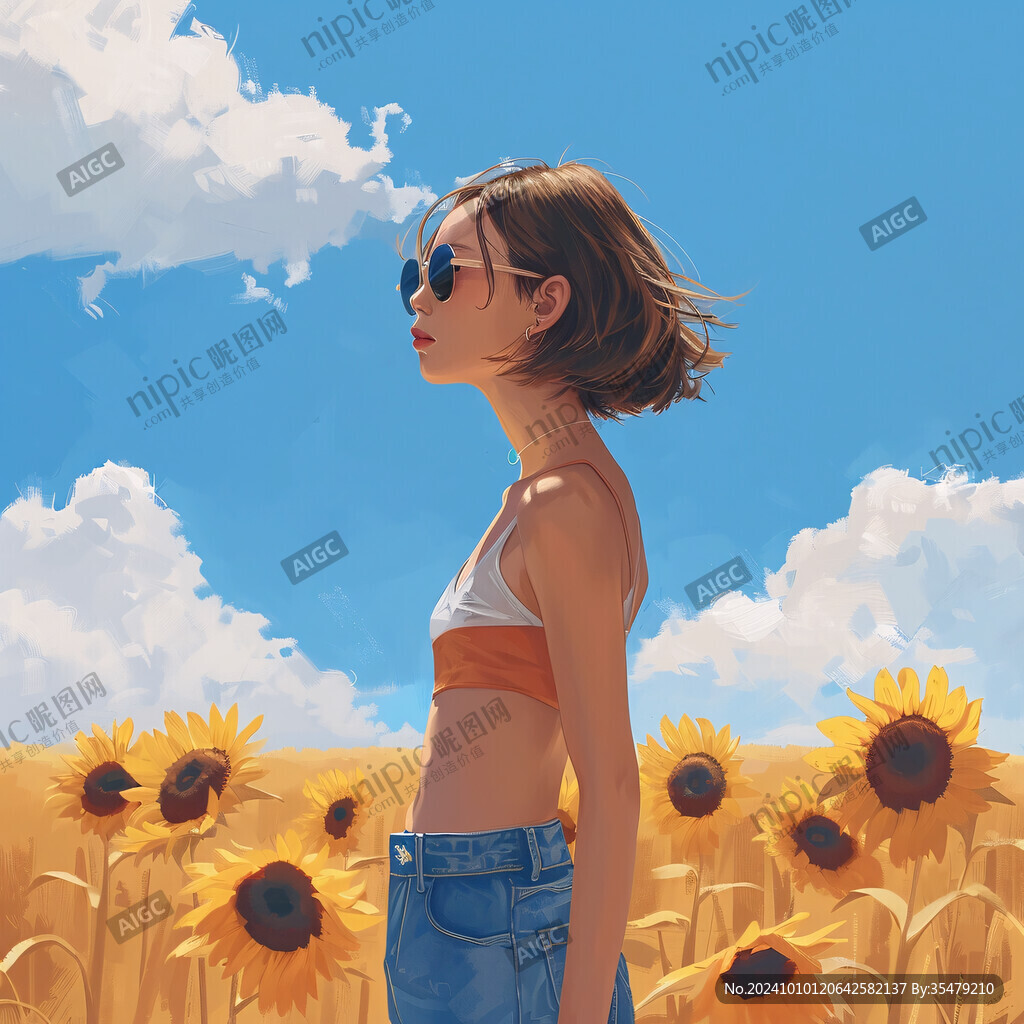 向日葵花叢中的少女