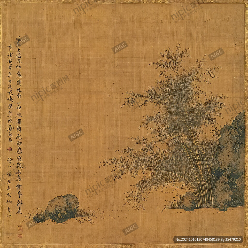 手繪工筆竹石圖