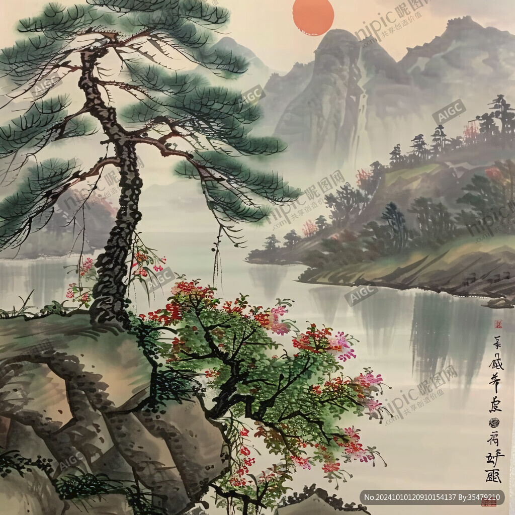 手繪迎客松畫