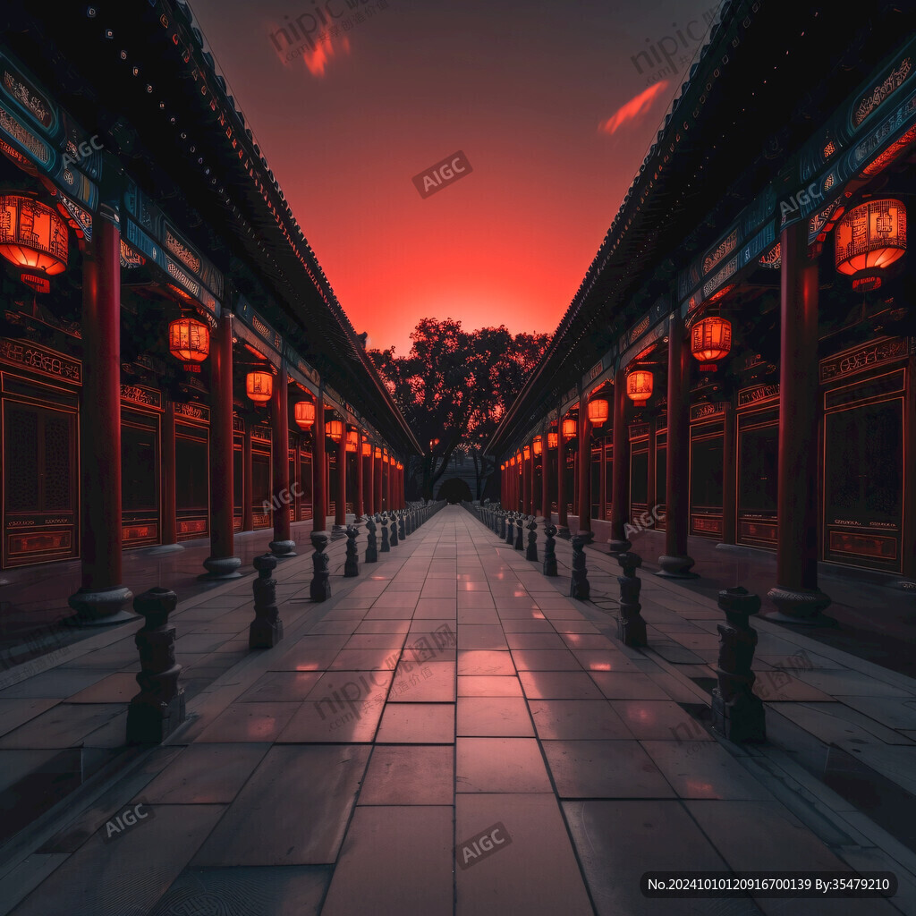 古建筑走廊夜景