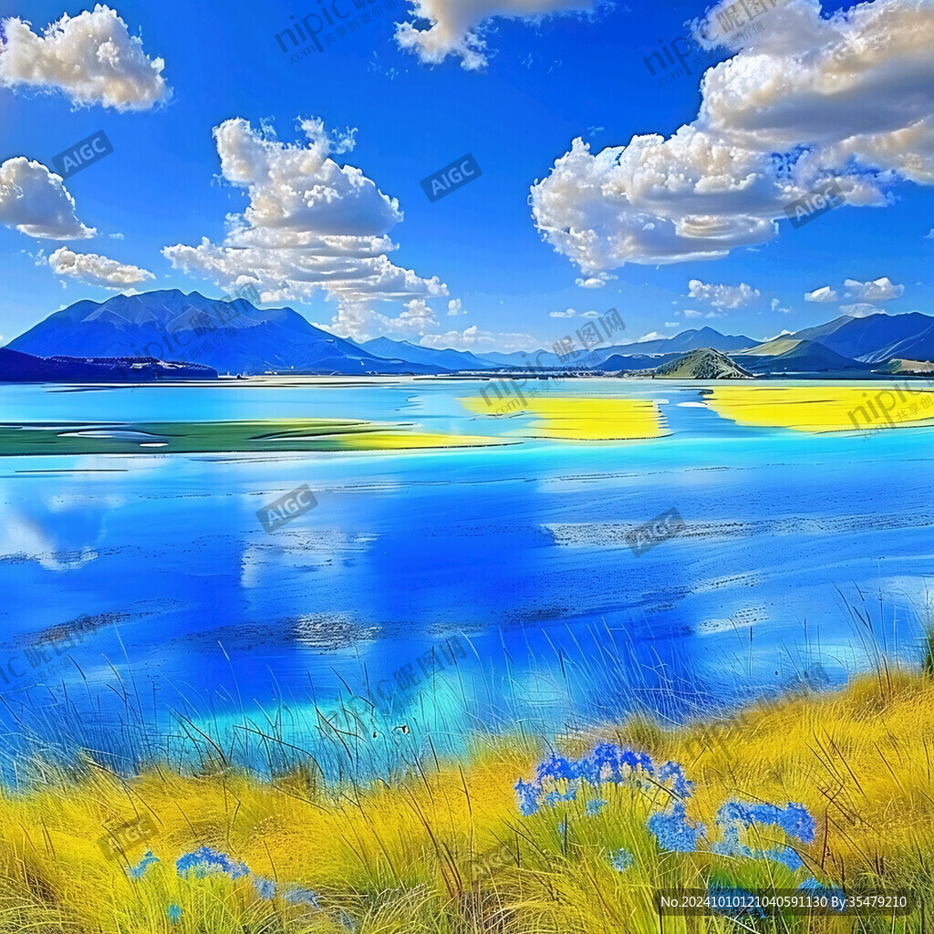 藍天白云草地湖泊