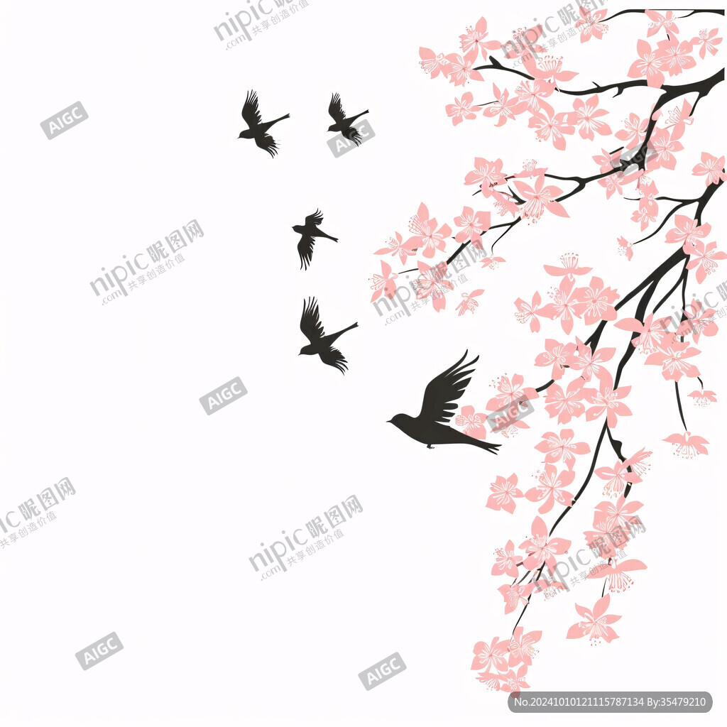 桃花古風插畫燕子