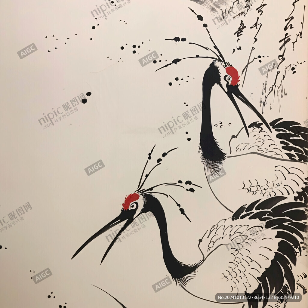手繪線描松鶴延年畫