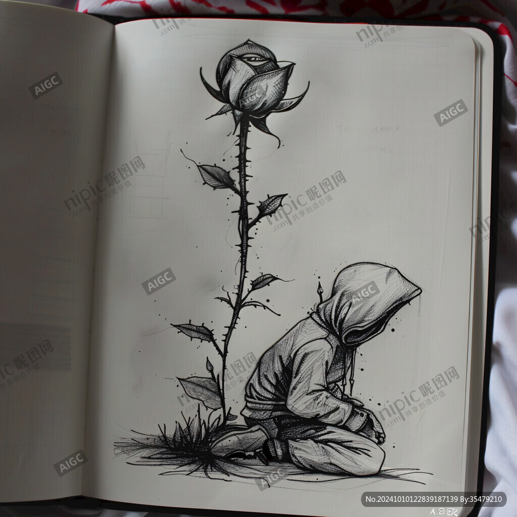 線描畫玫瑰花