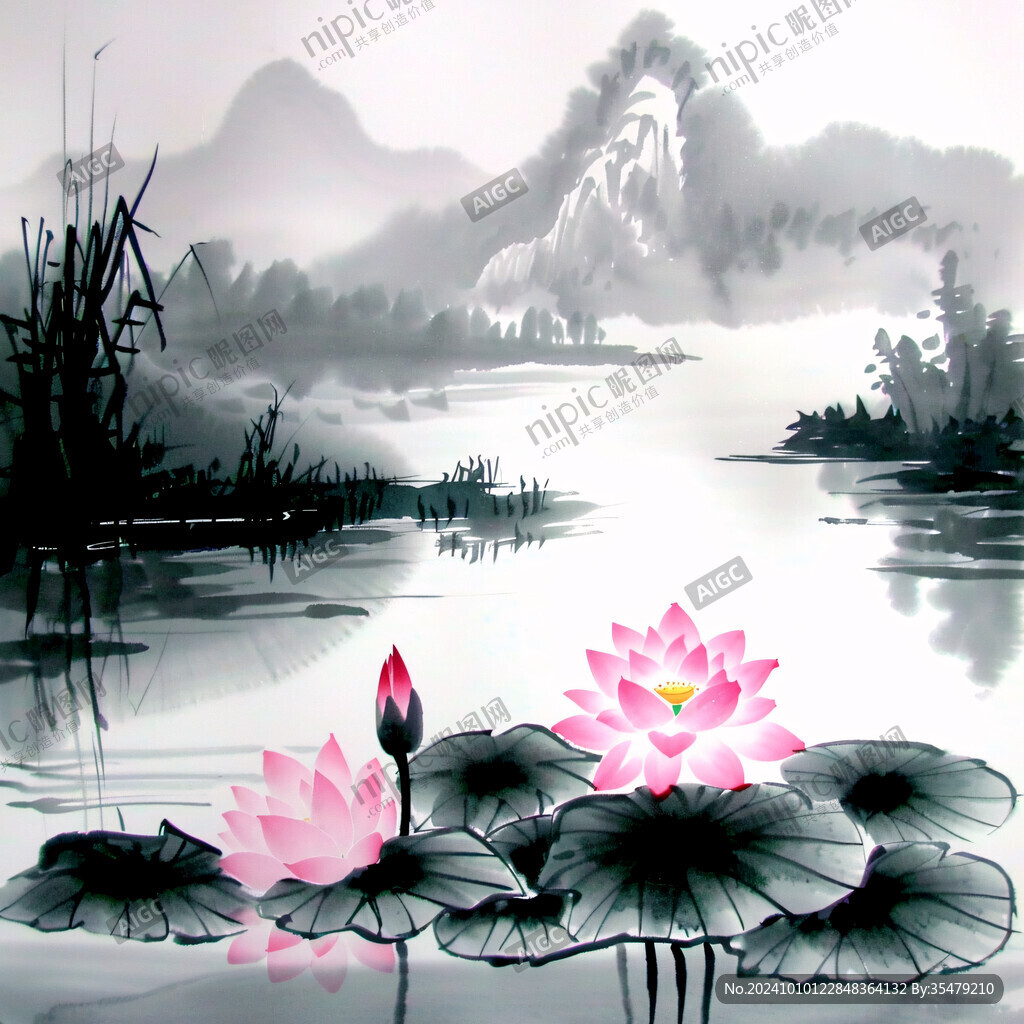 水墨蓮花手繪風景畫