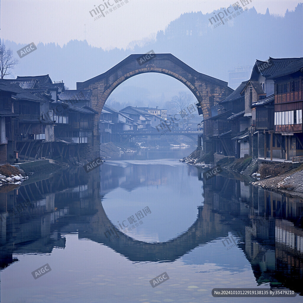 拱橋廊橋河流倒影