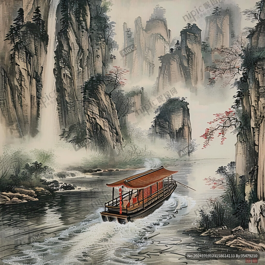 水上船家山水畫