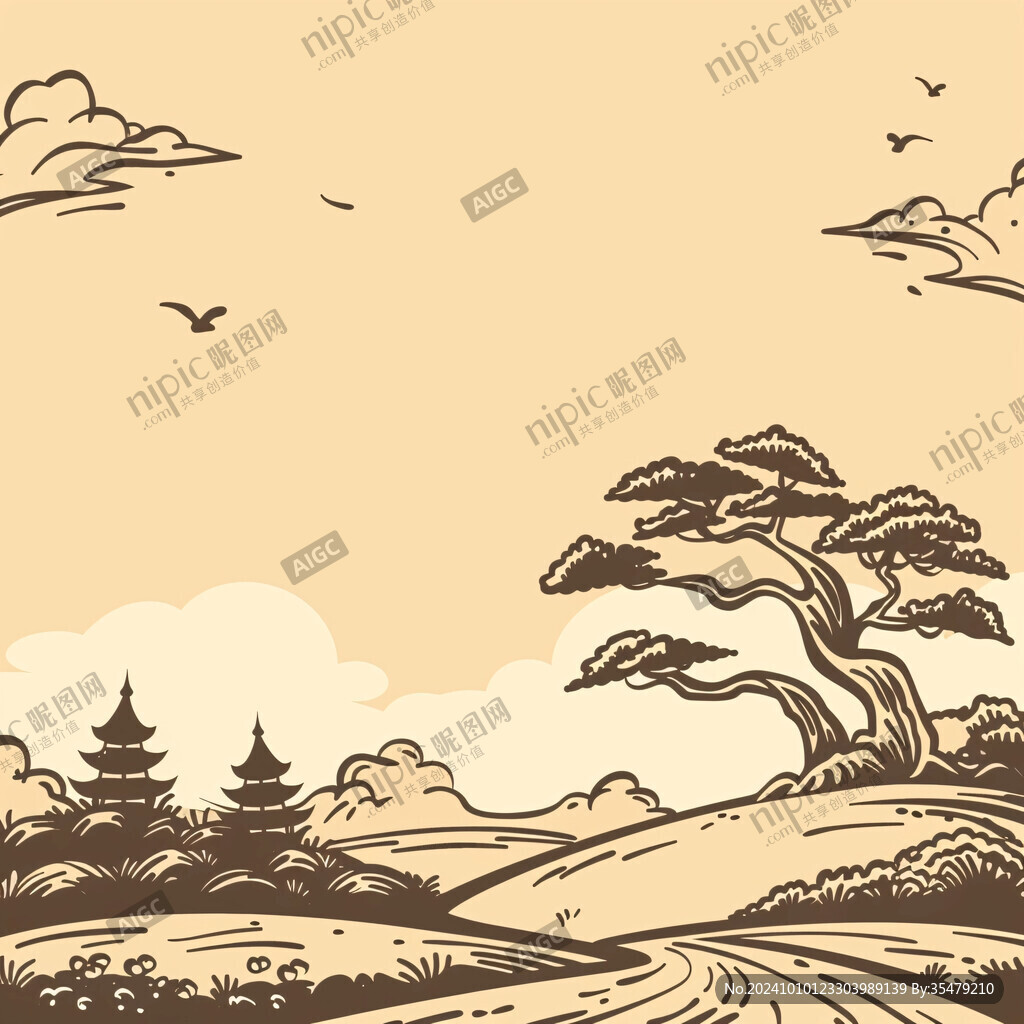 線描古風(fēng)江景山水