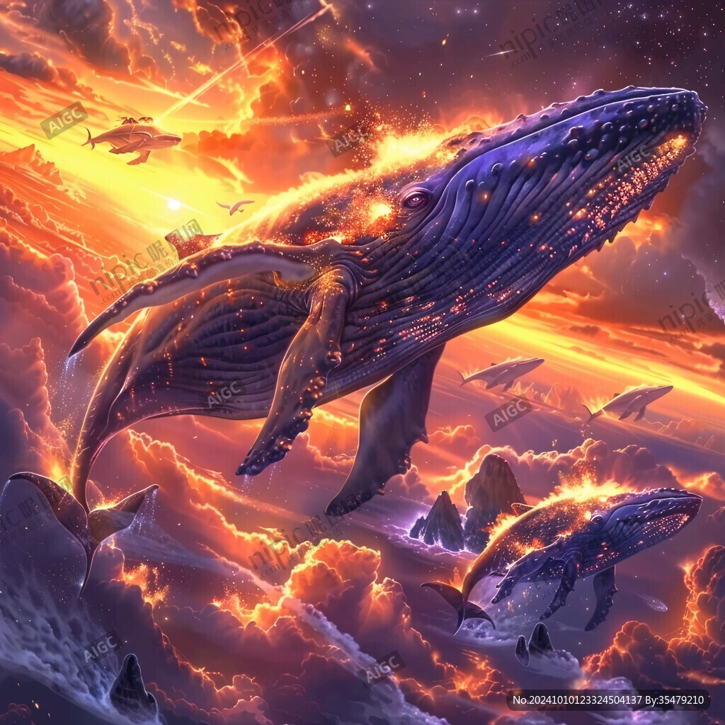 飛翔空中幻想鯨魚插畫