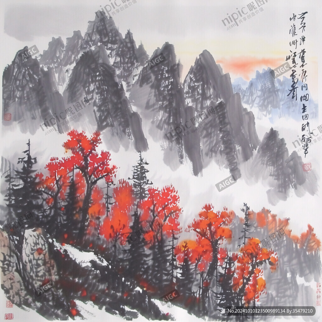 白云紅樹圖