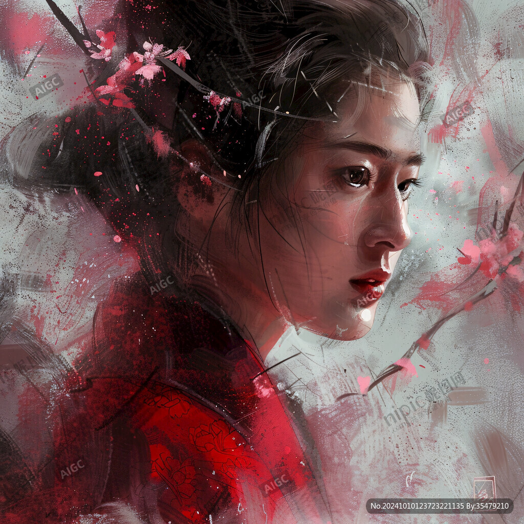 手繪美女紅梅圖