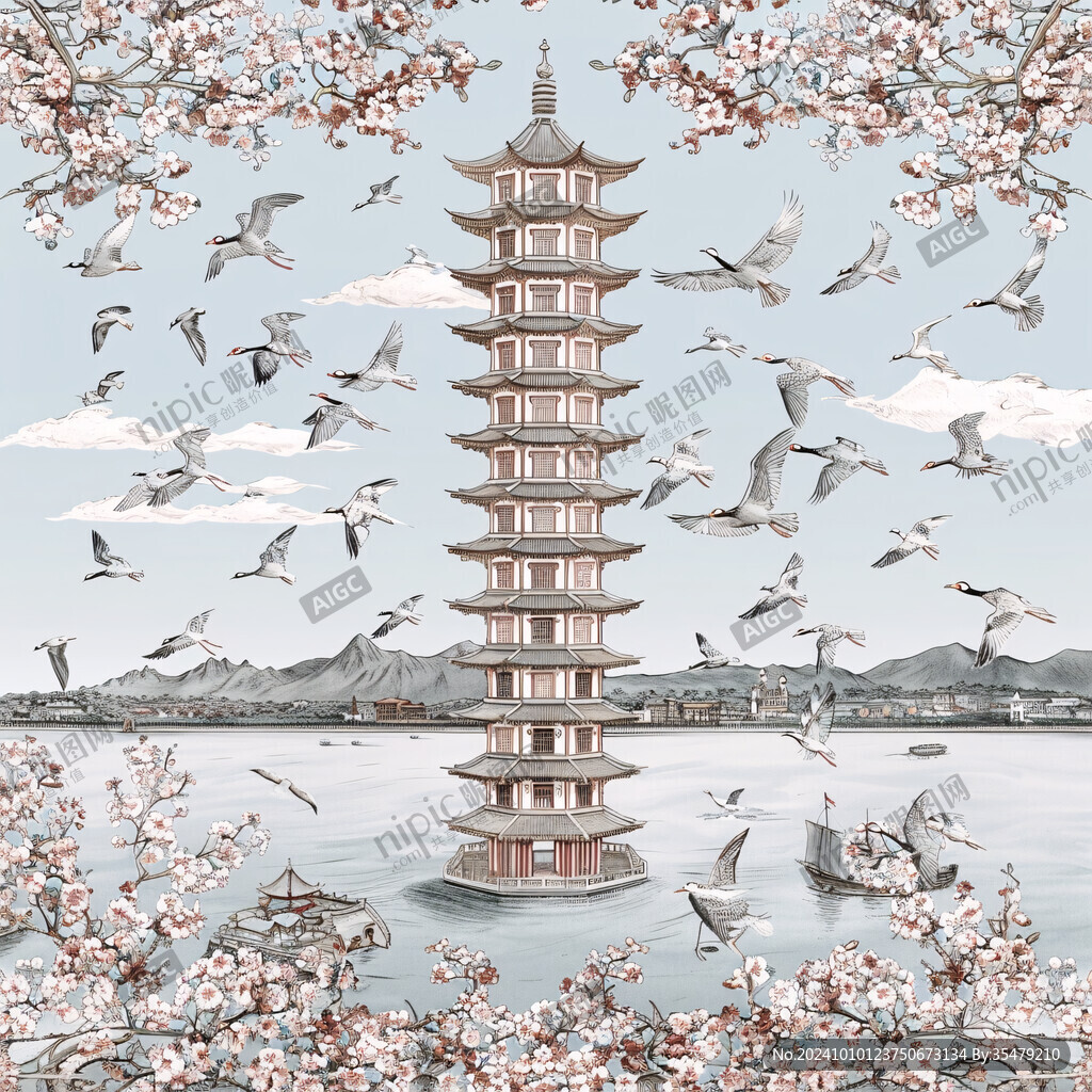國潮六和塔手繪插畫