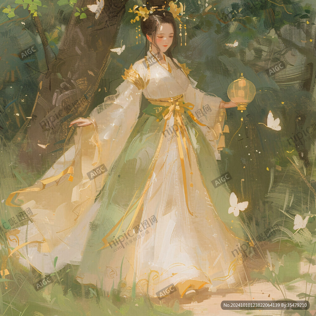 少女拿扇子闊袍大袖