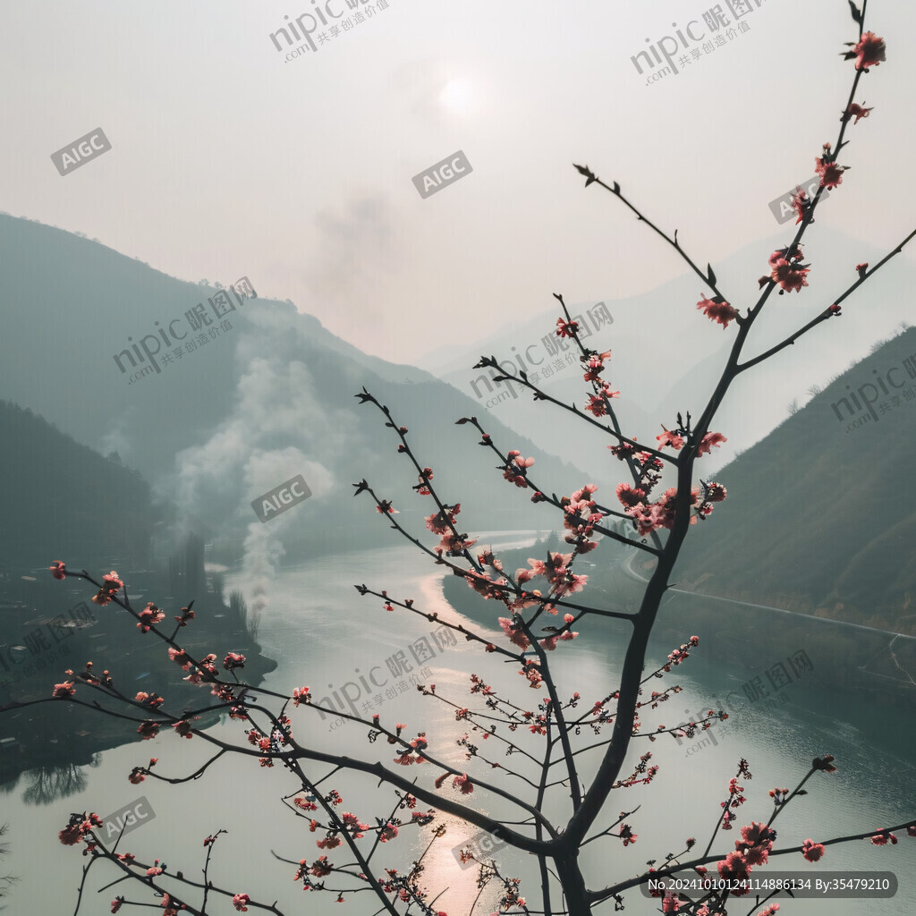 桃花梅花日出山澗