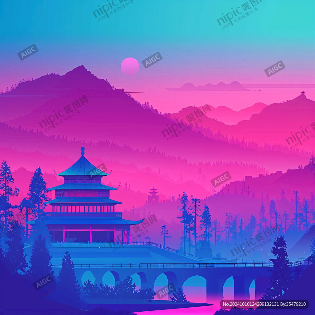 炫彩漸變山水古建插畫