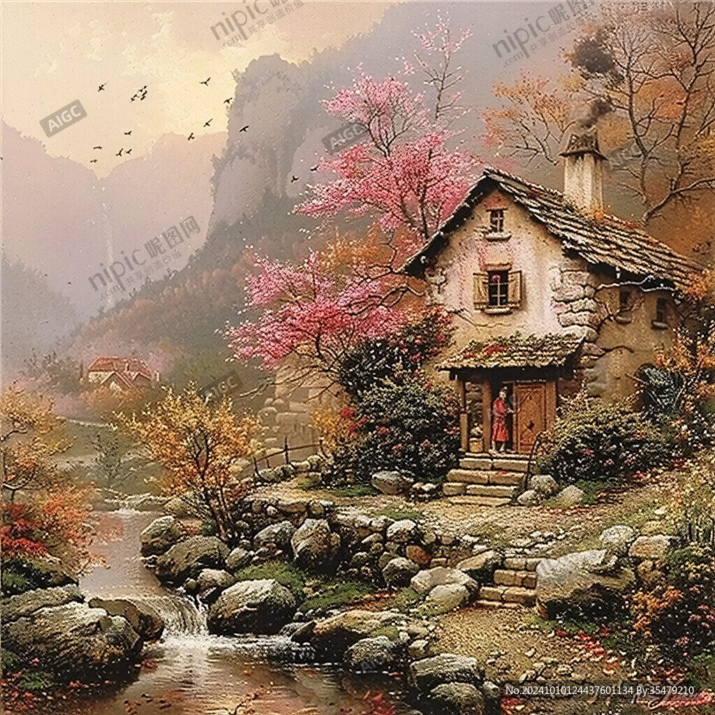 裝飾畫無框畫山腳民居