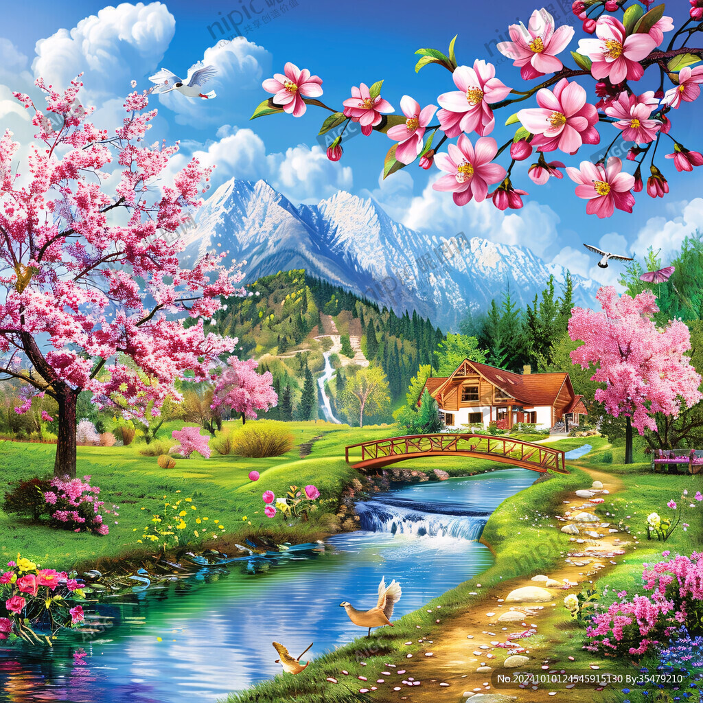 桃花風(fēng)景油畫