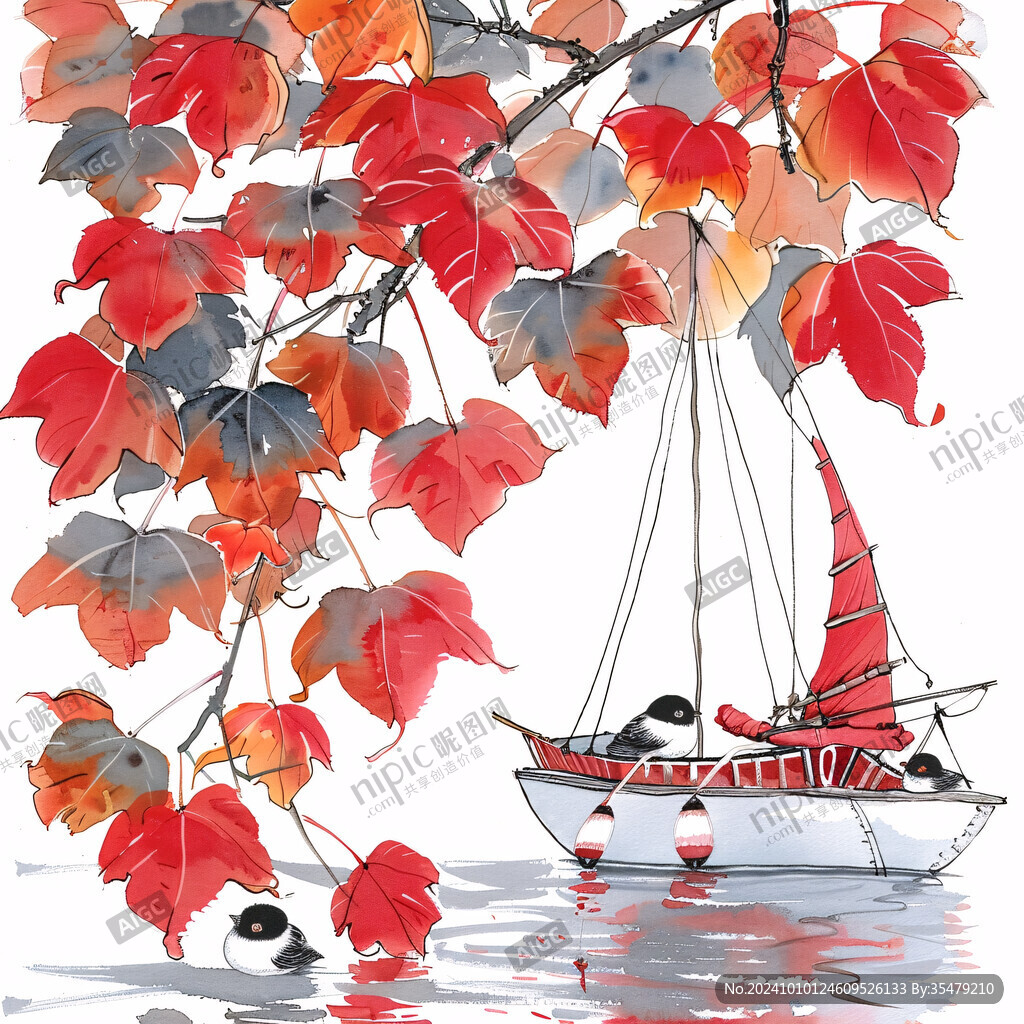 烏桕樹紅葉插畫