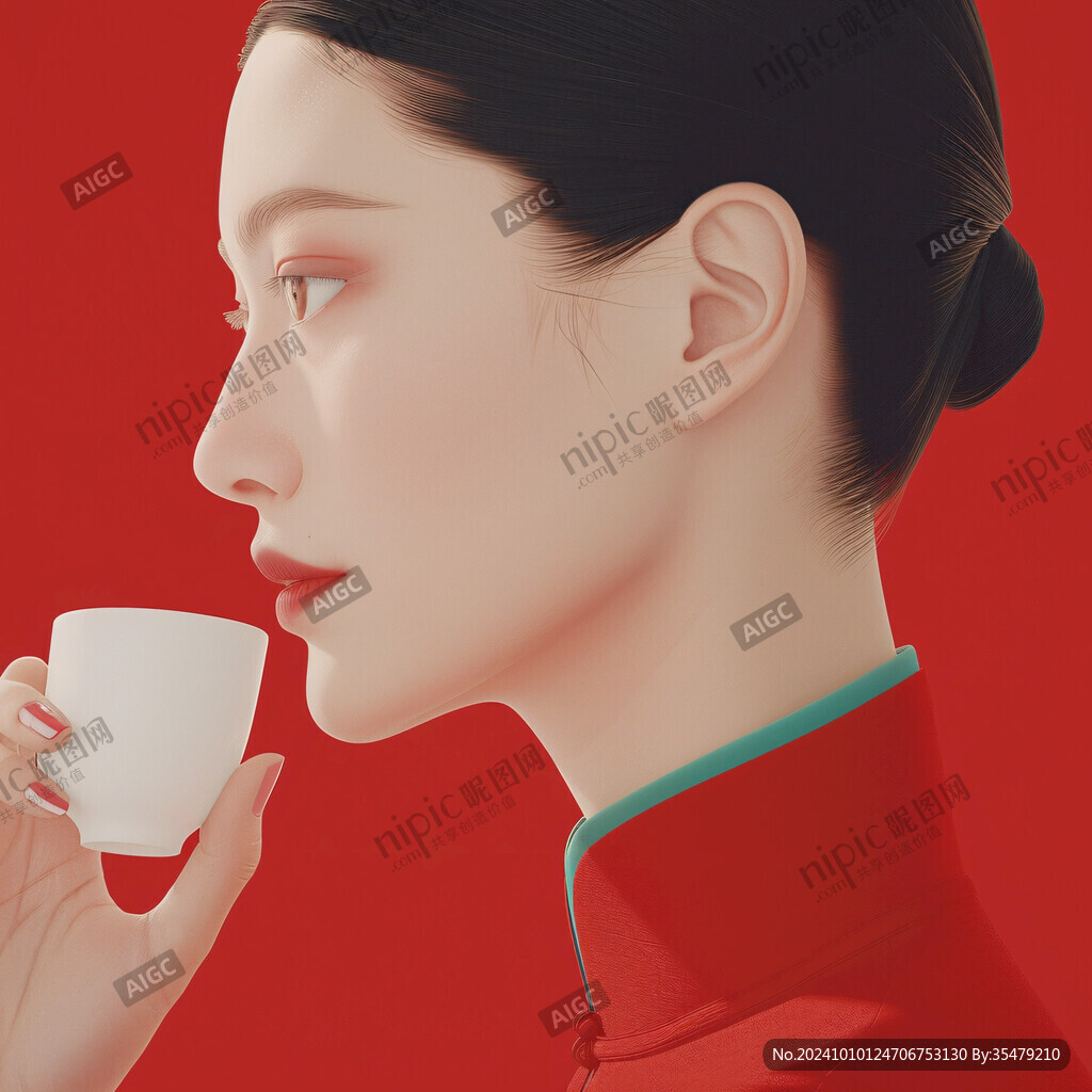 喝茶的旗袍美女插畫(huà)