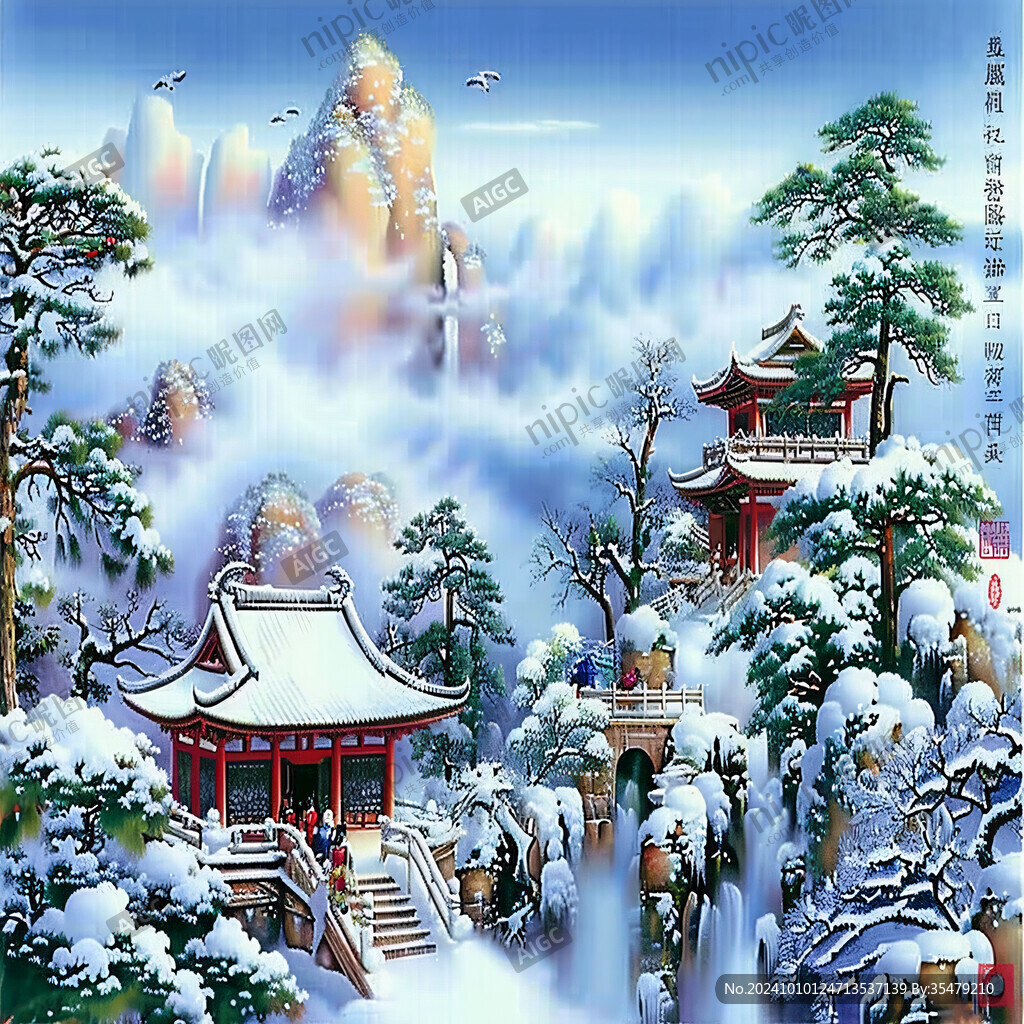 山水樓閣亭臺墻畫