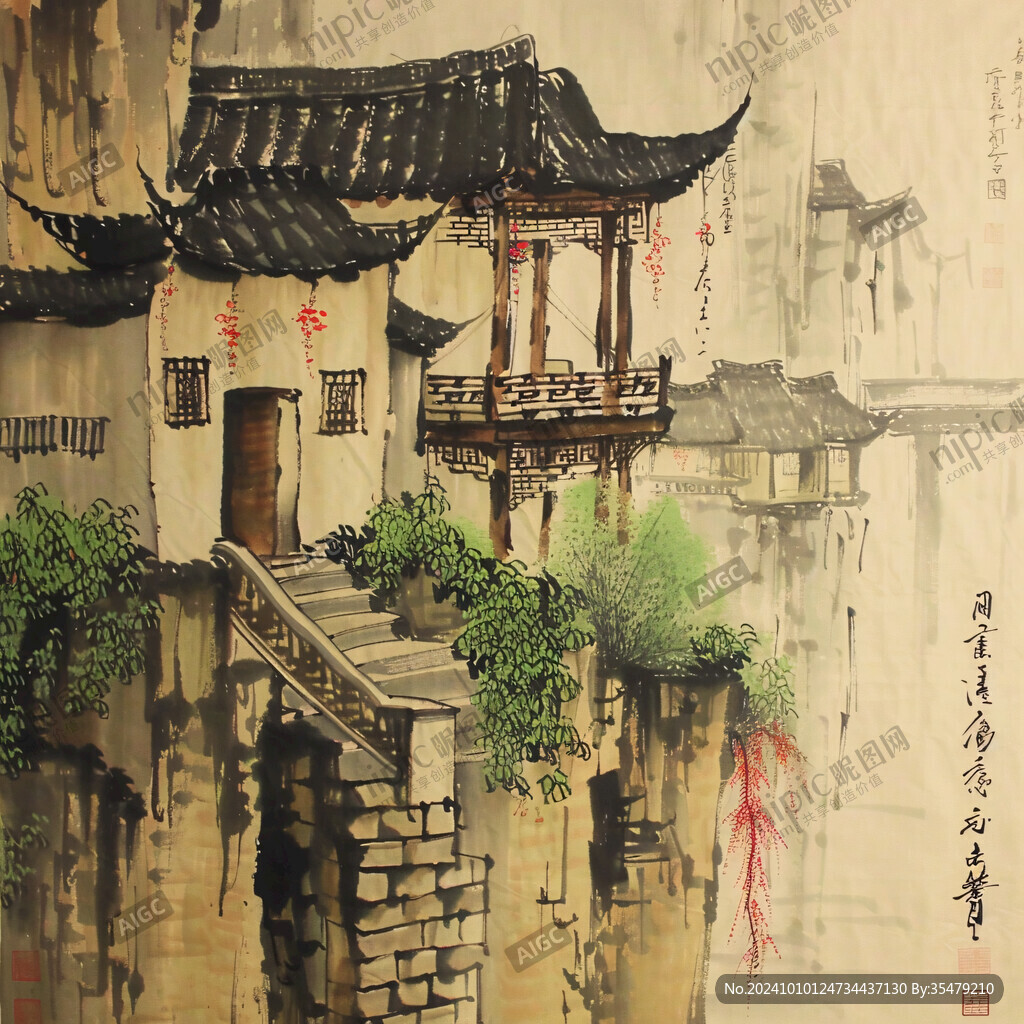 水彩土家族建筑