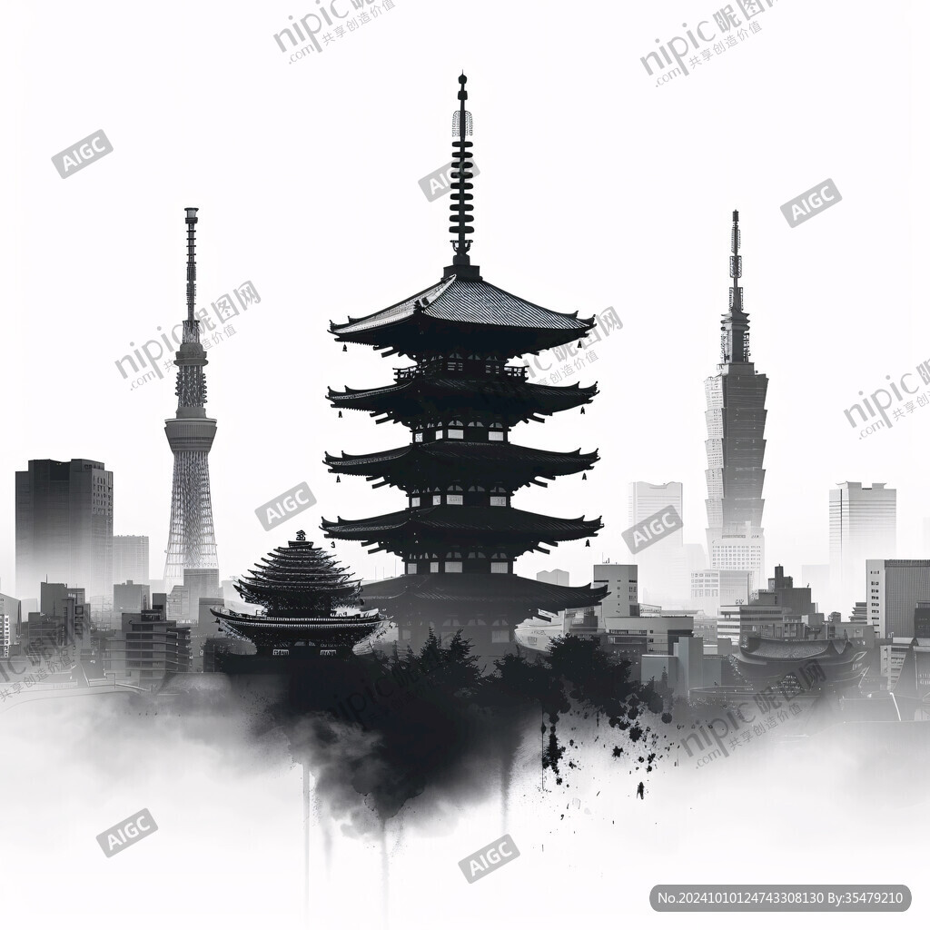 水墨水彩禪意城市