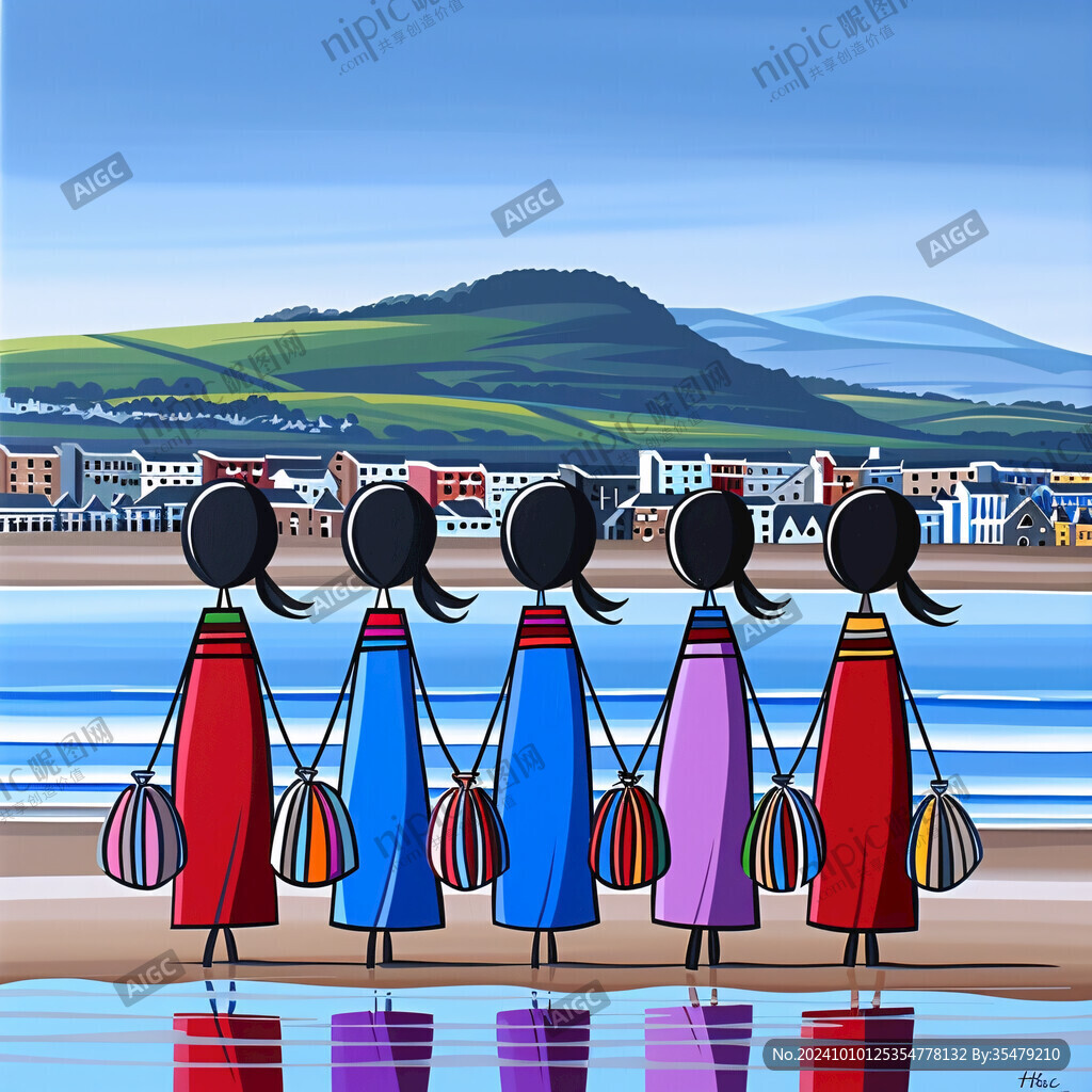 女學生海邊插畫
