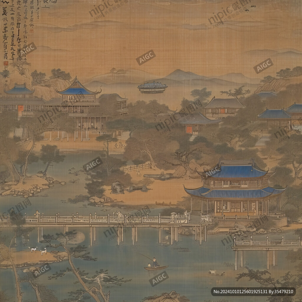 緙絲仇英水閣鳴琴圖軸