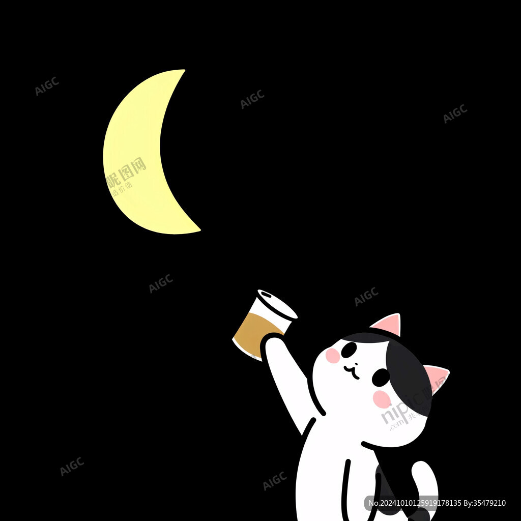 月亮上睡覺的小貓插畫