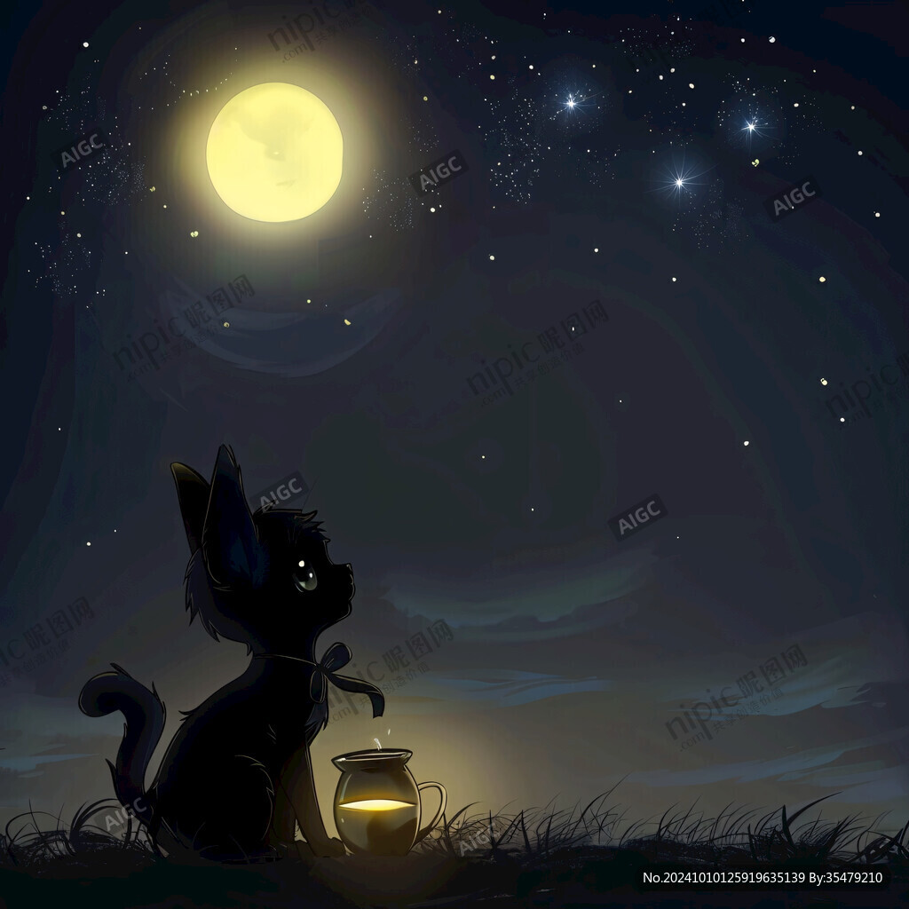 夜晚貓咪插畫