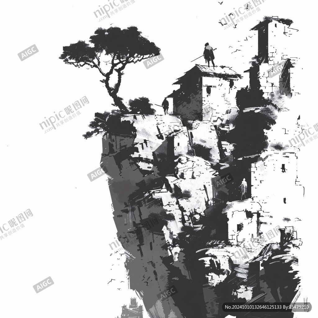 生動(dòng)水墨樹水墨石頭