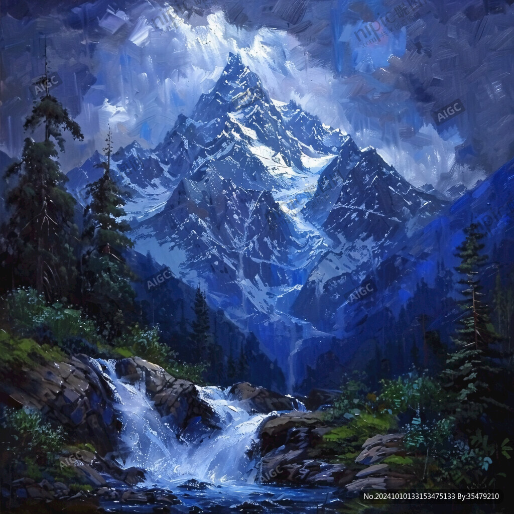 風雪流水山脈油畫