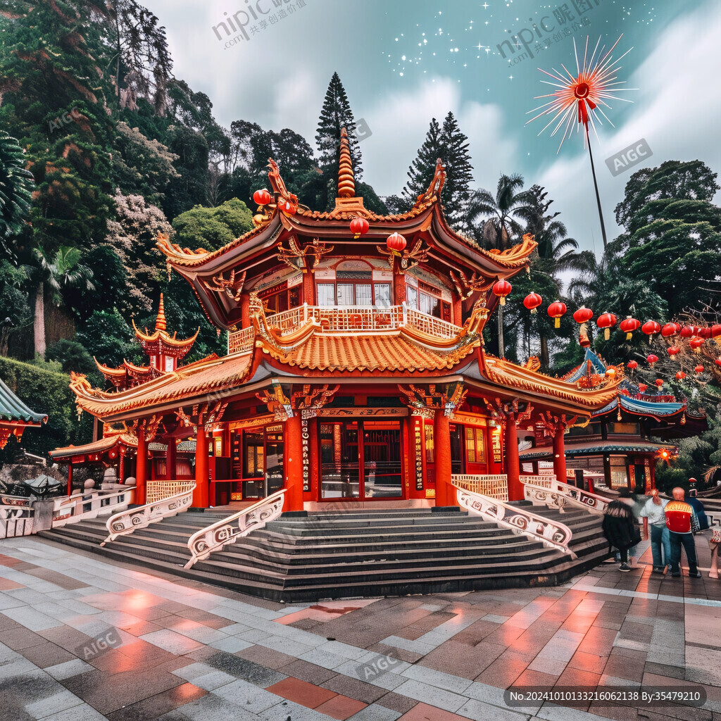 古建筑紅柱涼亭夜景