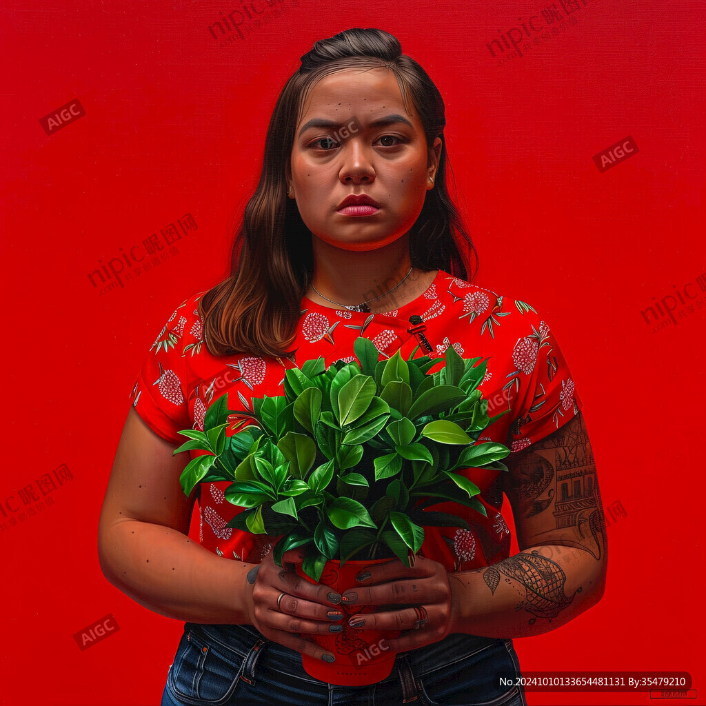 手捧盆栽的少女