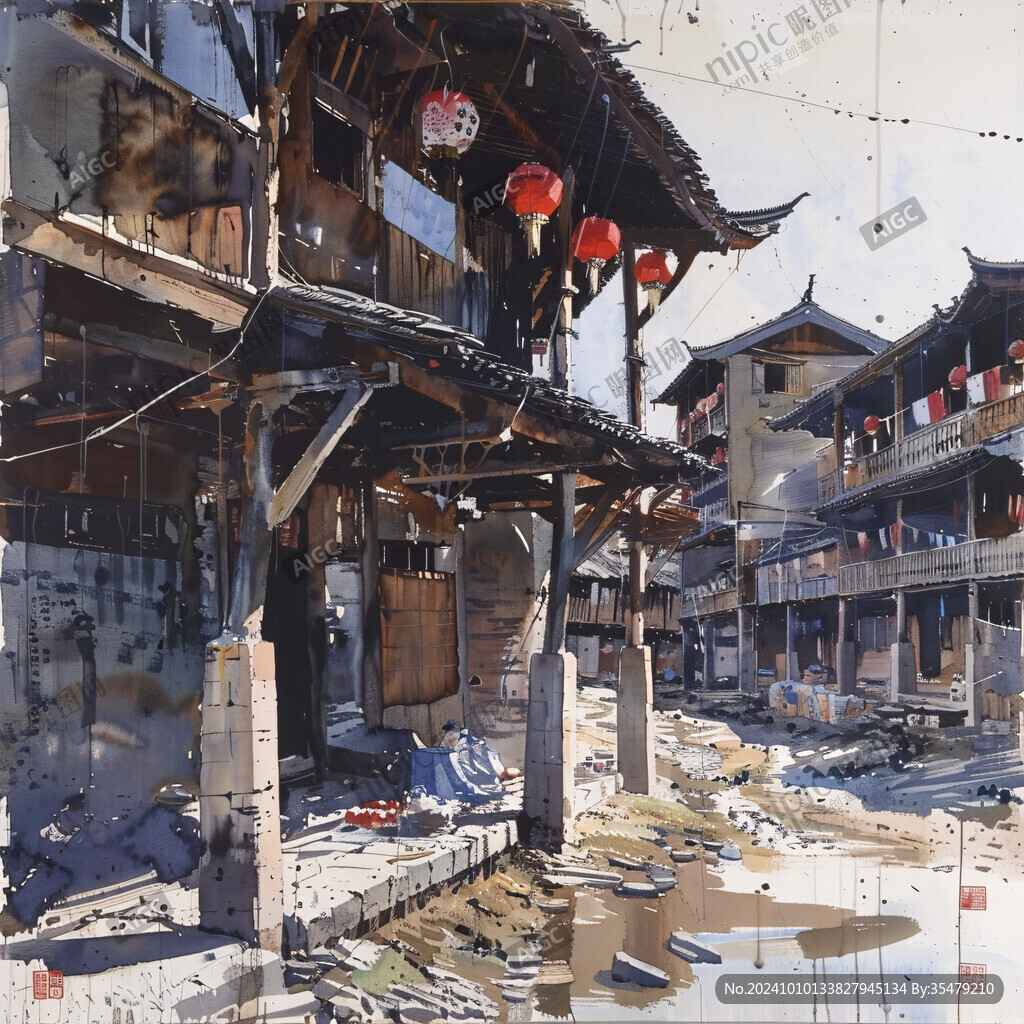 黔東南水彩水墨建筑