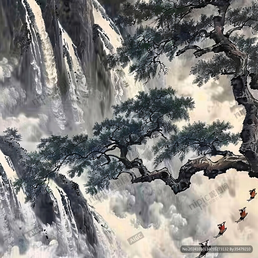 水墨迎客松壁畫