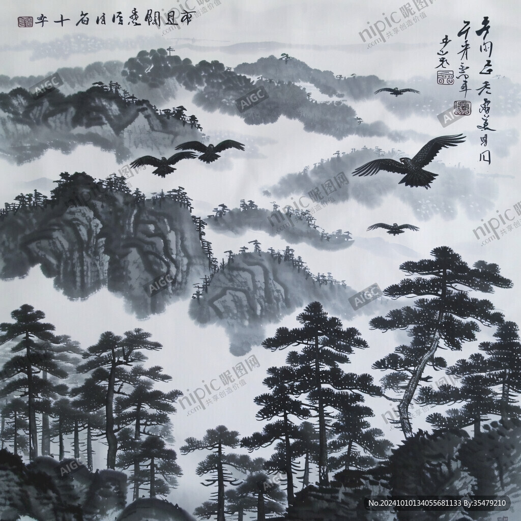 細(xì)筆山水仙鶴迎客松