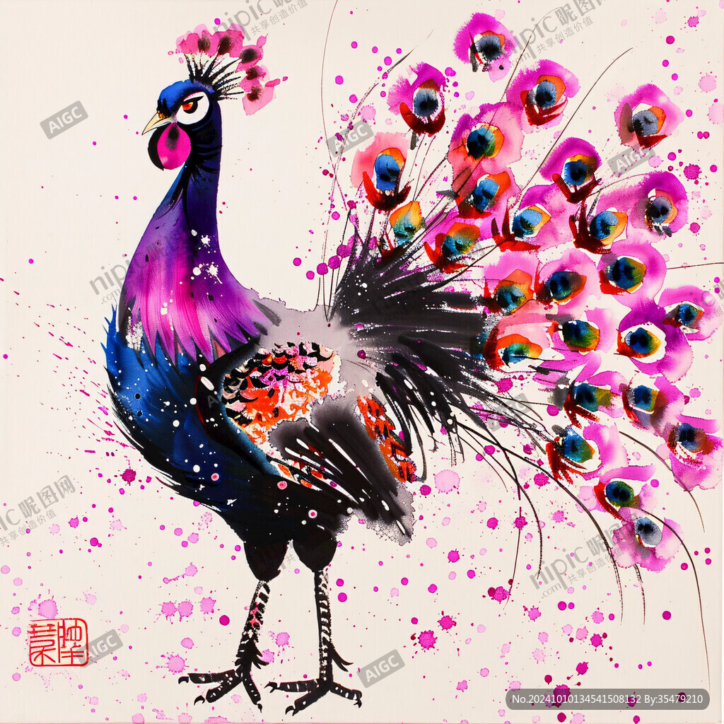 手繪七彩公雞插畫設計