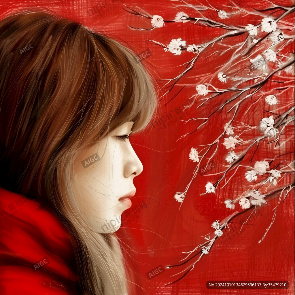 手繪美女紅梅圖